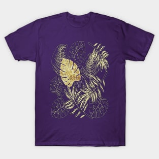 Tropical Leaves with Gold Monstera (Ultra Violet) T-Shirt